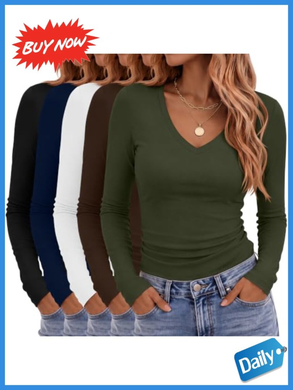 Women's V Neck Slim Fit Long Sleeve Cotton Tee 5 Pack